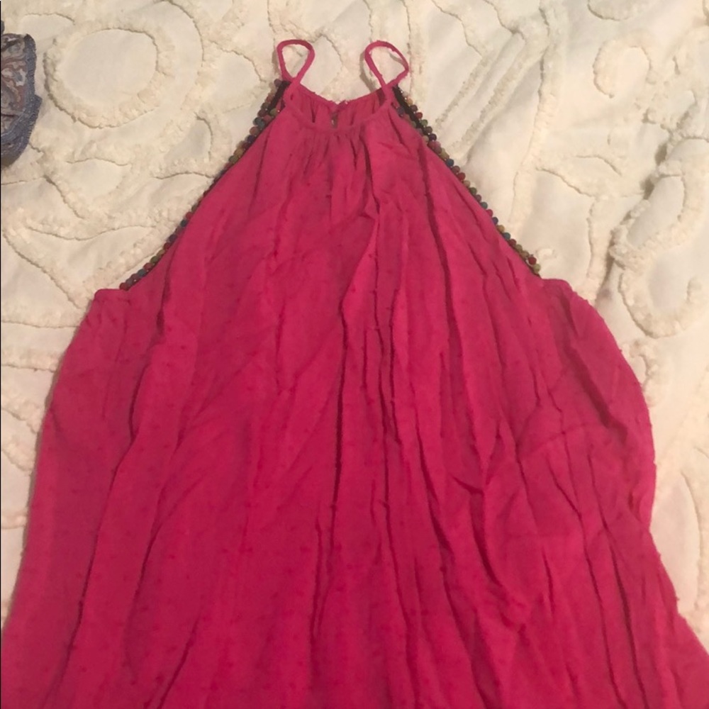 Pink halter top with Pom Pom trim